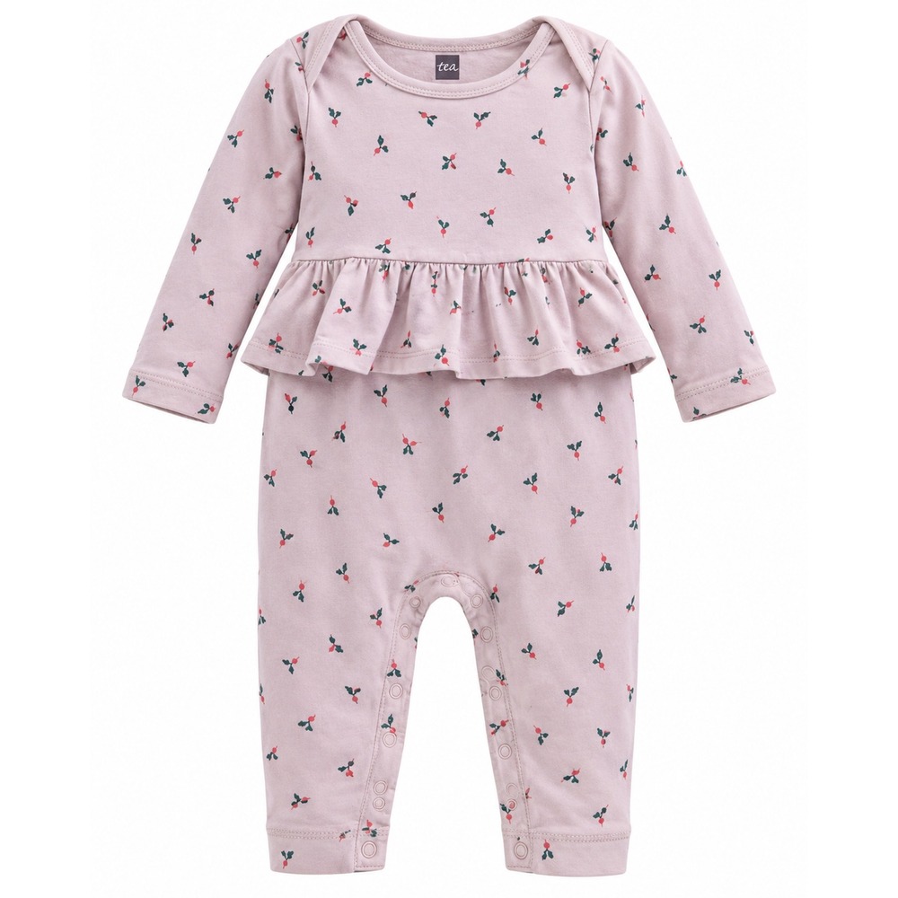 Tea Collection Baby Girls Pink Radish Print Ruffle Long Sleeve Romper 6-9 Months
